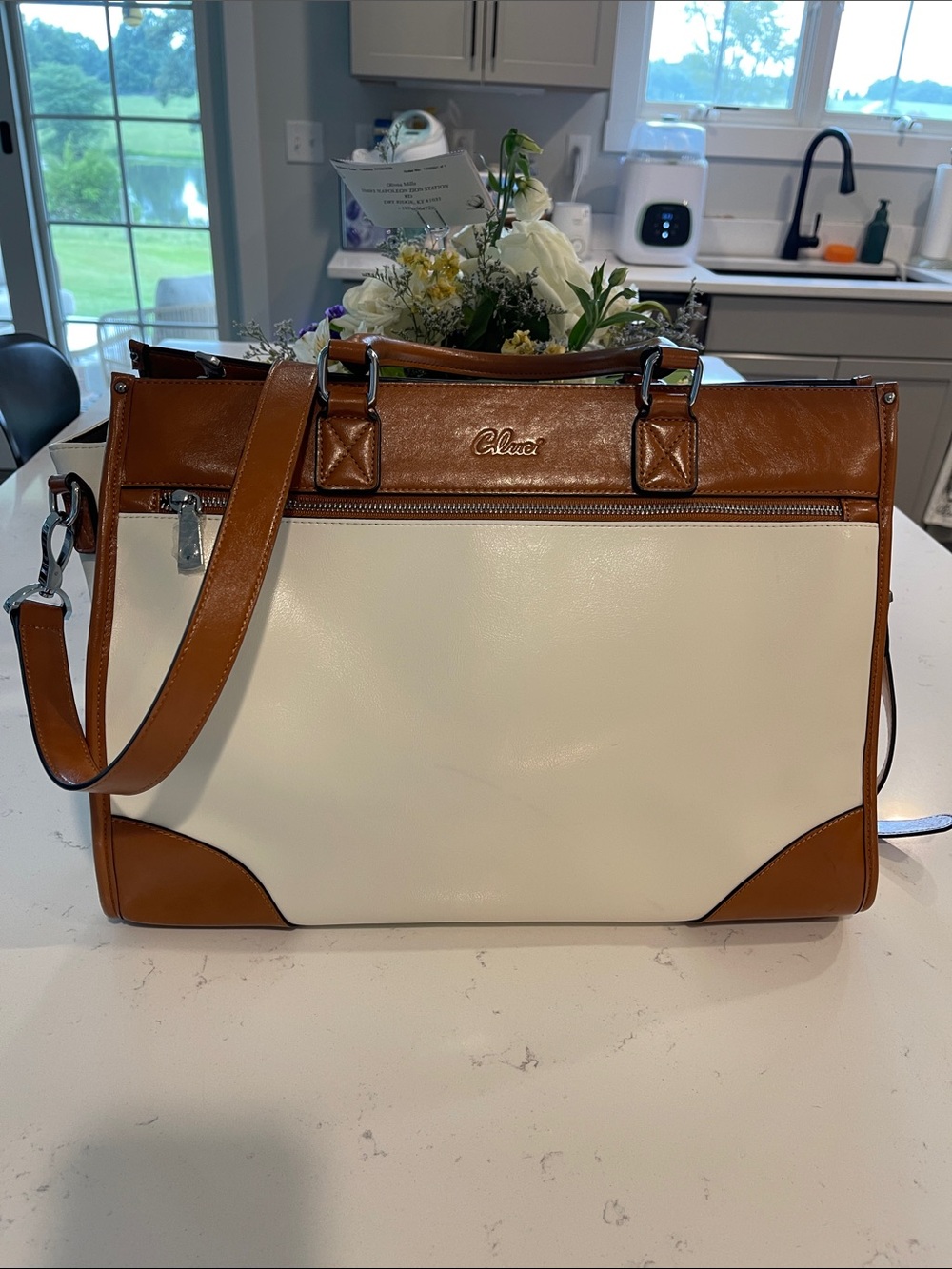 Cluci TwoTone Cream and Brown Wax Leather Briefcase Laptop Travel